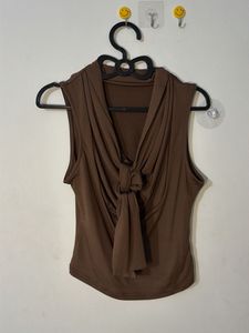 Brown Cowl Neck Sleeveless Top