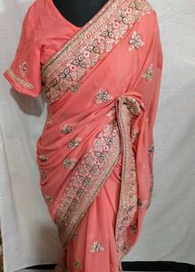 Beautiful Embroidered Peach Saree 🤩
