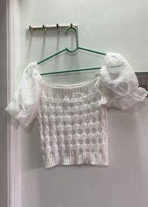 Chrochet White Puff Sleeve Knit Top