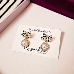 Black And White Striped Bow Earrings Fixed Price