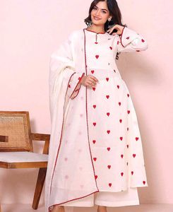 Dress meterial white with Red Hearts