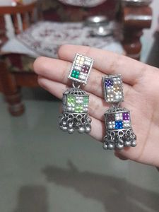 Beautiful Jhumka Earrings with Colorful Stones