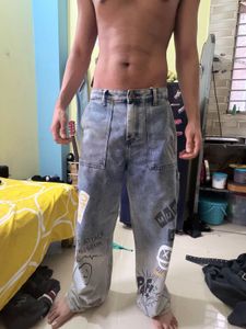 Graffiti Print Wide Leg Jeans