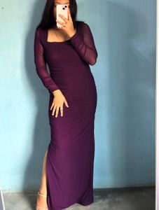 Elegant Purple Sheer Sleeve Ruched Maxi Dress