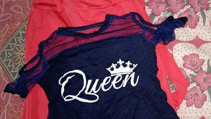 Queen Graphic Print Mesh Sleeve Top and dungree