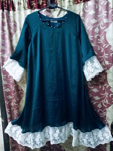 Elegant Teal Kurta and pant  with Lace Trim
