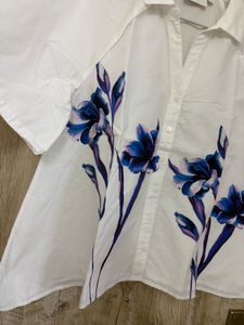 White Floral Print Button-Up Shirt