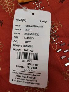 Women's New rust Printed Straight Kurti with Tags