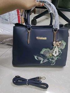Chic Navy Handbag with Floral Embroidery