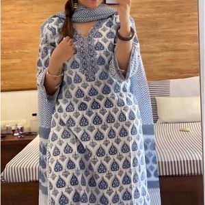 Elegant Blue & White Printed Kurta Set