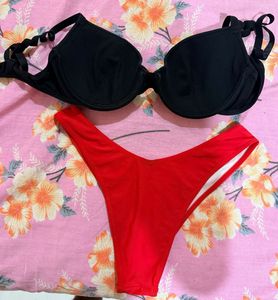 Black Bra and Red Thong Set