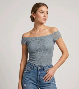 Garage Light Blue Lace Off-Shoulder Top
