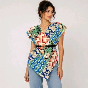 Bohemian Patchwork V-Neck Top with Belt 🆕 NWOT