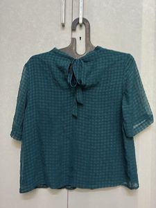 Elegant Teal Checkered Sheer Blouse