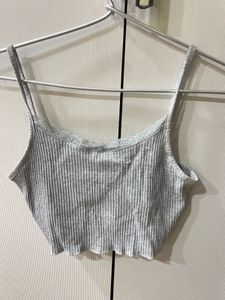 Grey Ribbed Lace Trim Crop Top