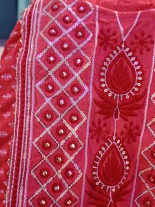 Coral Kurta with Embellished Neckline