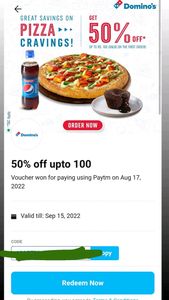 50% off upto 100 on Domino's