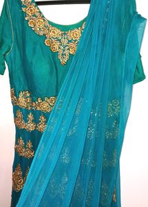 Teal &amp; Golden Peacock Green Anarkali Ethnic Gowns