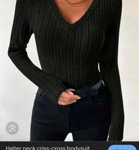 Black Ribbed V-Neck Bodysuit
