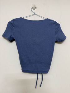 Blue Ruched Drawstring Crop Top