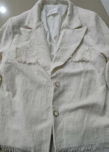 Cream Textured Fringed Blazer tweed jacket