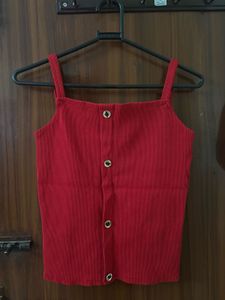 Red Button-Front Ribbed Crop Top