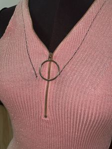 Sparkly Pink Ribbed Zip-Up Top