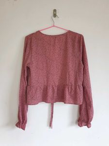 Blushing Dot Ruffle-Cuff Peplum Blouse.
