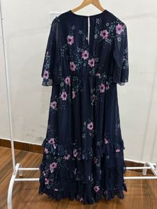 Indigo blue Floral Ruffle hem Midi Dress