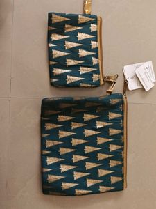Set of 2 Teal Pouches with Gold Tree Print