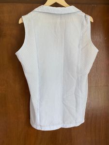 Light Blue Striped Sleeveless Zip-Up Top