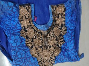 Blue Floral Kurta with Embellished Neckline
