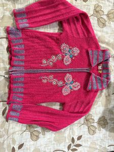 Vibrant Pink Embroidered Zip-Up Cardigan