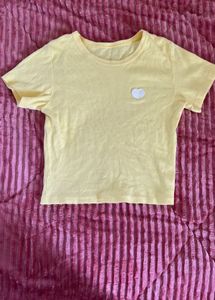 Cute Yellow Ribbed T-Shirt with Heart Applique