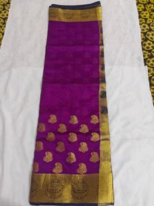 Vibrant Purple Silk Saree with Gold Border