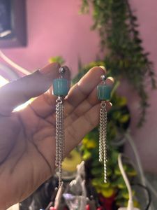Chunky Turquoise Drop Earrings with Silver Chains