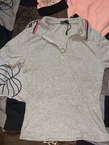 Grey Zip-Up Collared Top