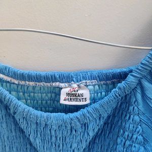 Blue Smocked Puff Sleeve Dress