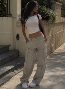 Beige Cargo Pants with White Crop Top