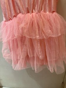 Elegant Pink Ruffled Tulle Fur Trim Dress