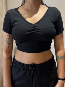 Black Ruched V-Neck Crop Top