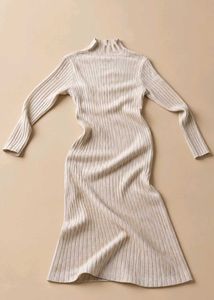 CREAM RIBBED MOCK NECK BODYCON DRESS