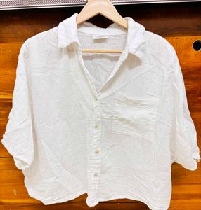 White Linen Blend Short Sleeve Shirt