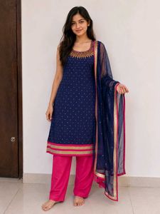 Elegant Blue Kurta Set with Pink Dupatta