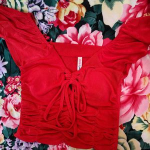 Chic Red Ruched Tie-Front  padded Top