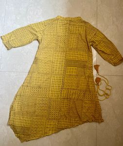 Yellow Block Print Asymmetrical Kurta