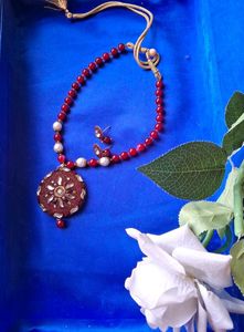 Designer Red Beaded Necklace with Earrings
