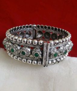 Oxidized Silver Bangle with Green Stones