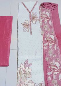 Embroidered White Kurta Set with Pink Dupatta