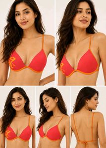 Vibrant Red Bikini Top with Floral Detail